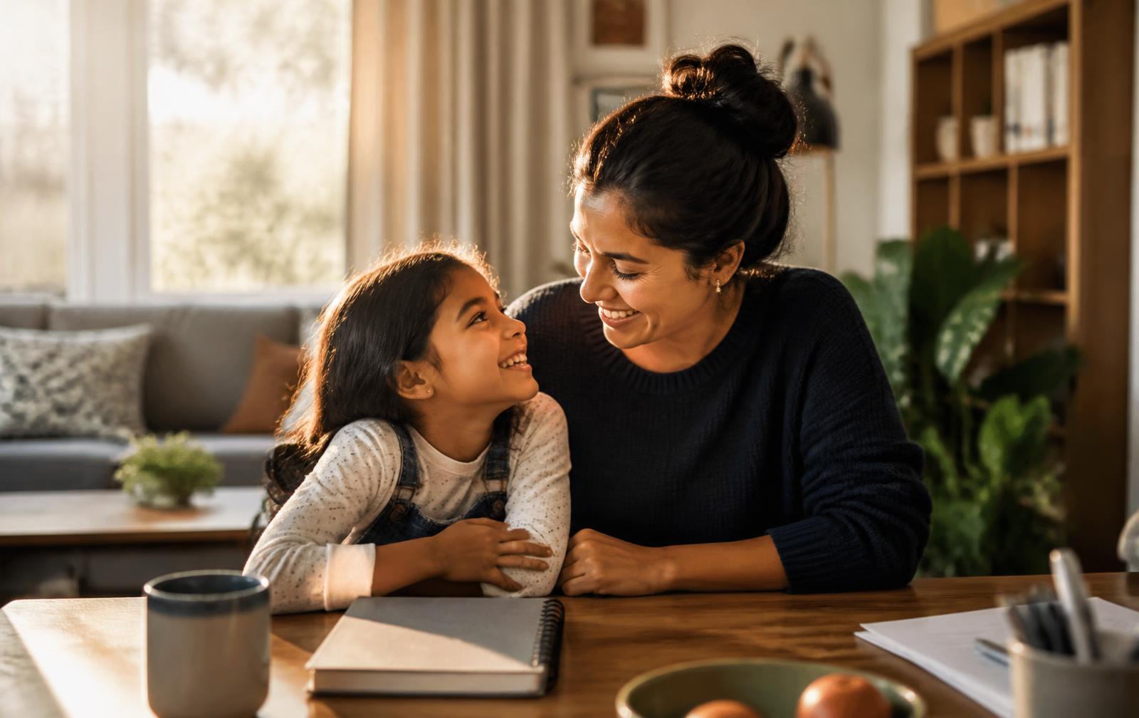 A working mother sharing a warm moment with her daughter at home.