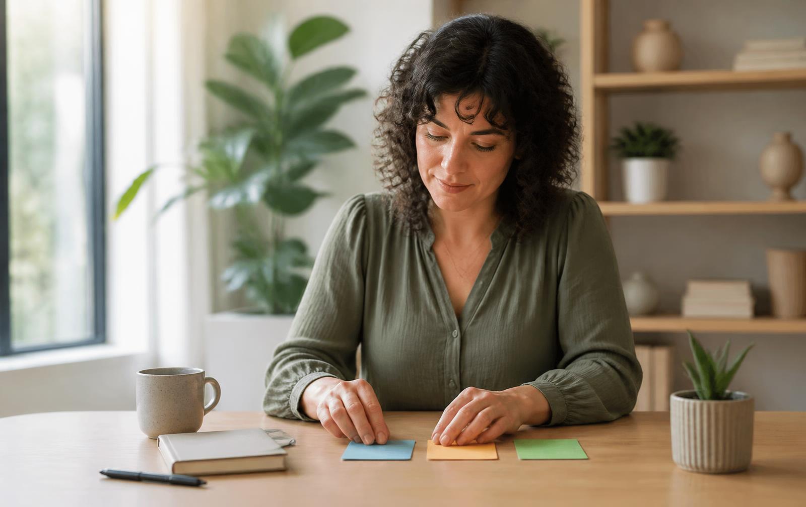 A woman professional calmly organizing colored planning cards to manage her energy at work.