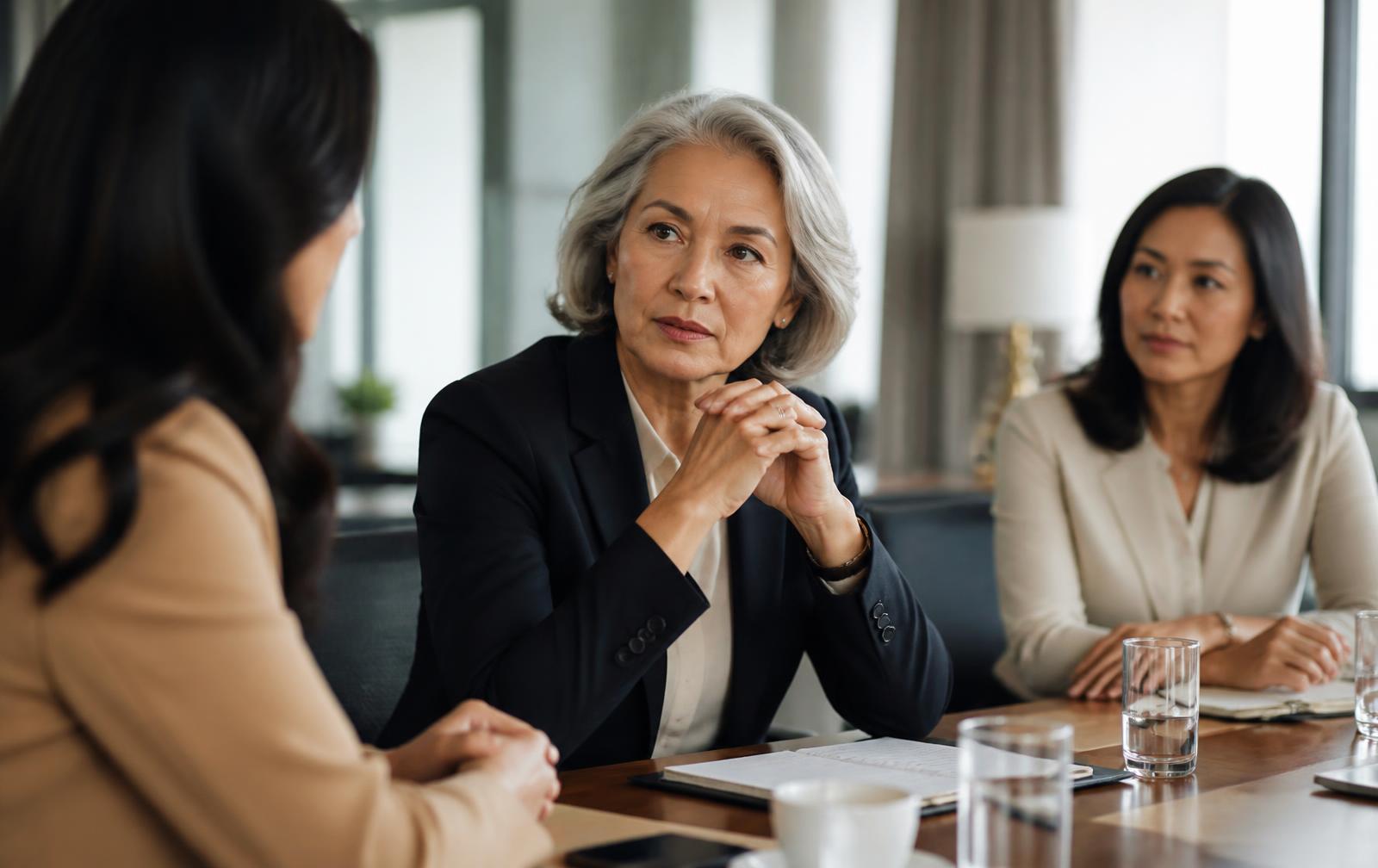 A senior woman executive listening carefully during a high-pressure leadership decision.