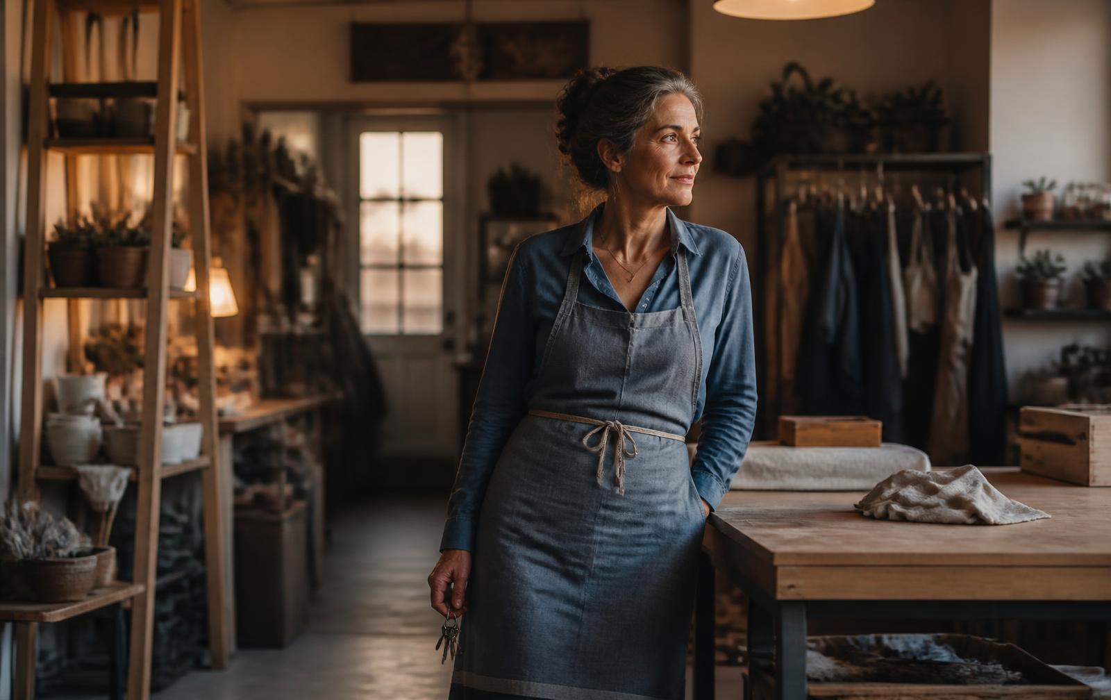 A woman founder reflecting inside the workshop and business she built.
