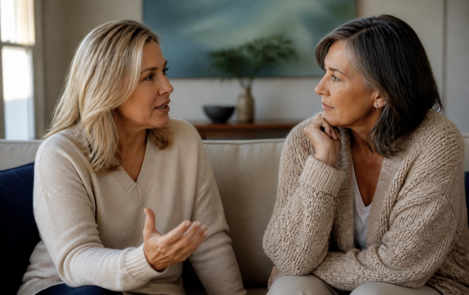 Two mature women sharing a supportive conversation about menopause and change.