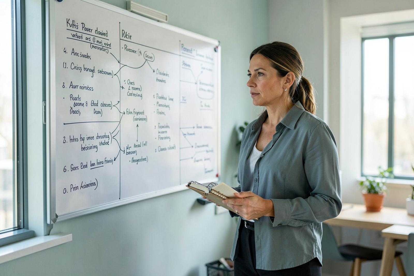A woman founder reviewing business systems and processes at a planning board.