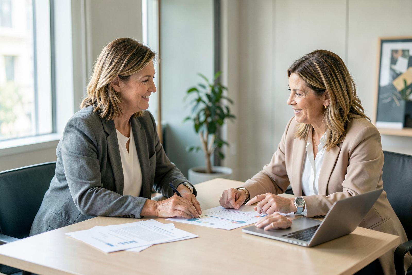 Two women leaders collaborating as they delegate ownership of a project.