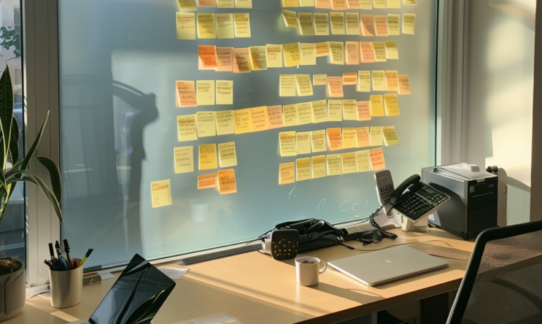 Office desk with sunlight and post-it notes on the window