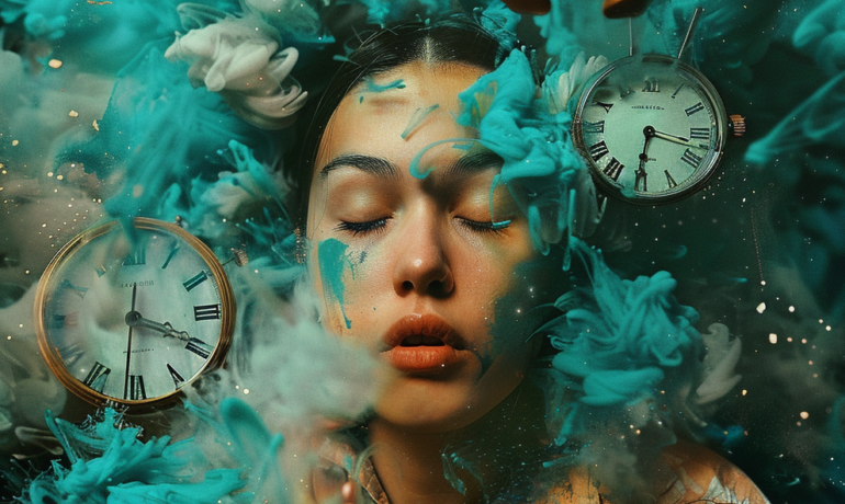 woman with eyes closed surrounded by clocks and whisps of teal colored smoke