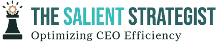 Logo says The Slaient Strategist - Optimizing CEO Efficiency with a queen chess piece icon that includes a gear at the top
