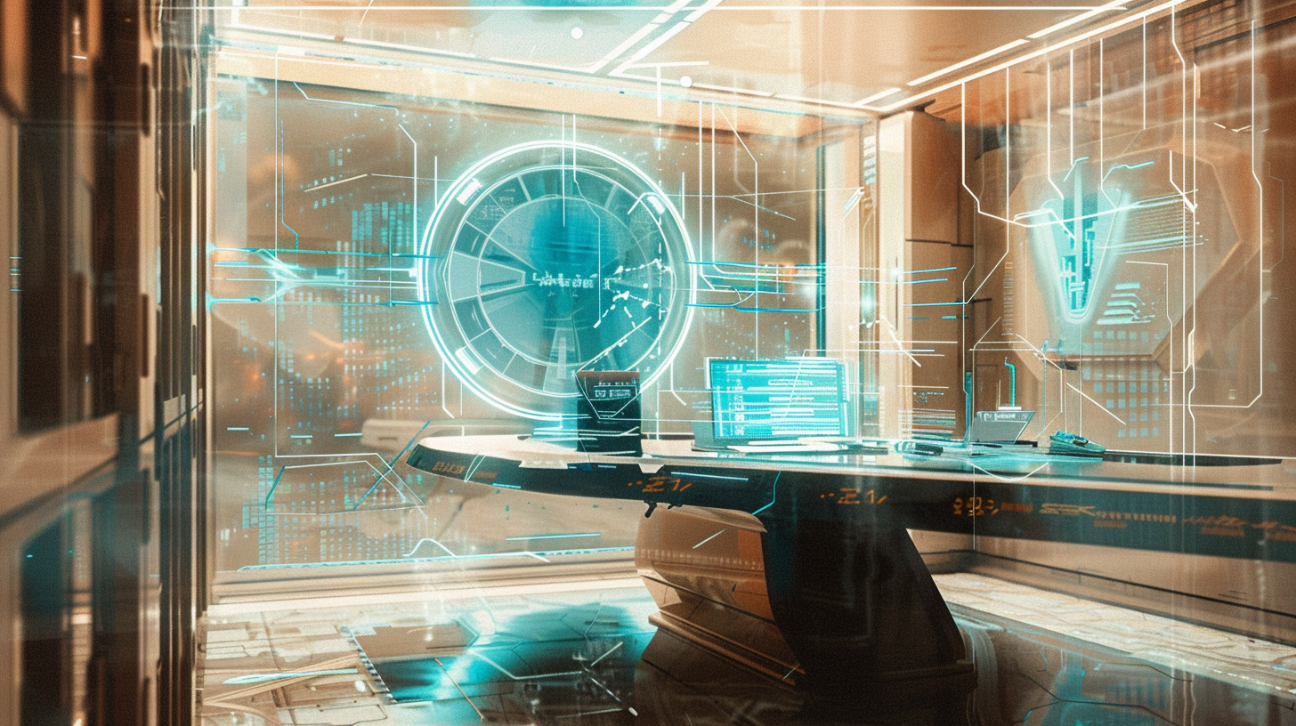 AI concept of a futuristic office using teal and tan colors with huge wall screen and holograms of data transmissions with a large glass table in a high rise building