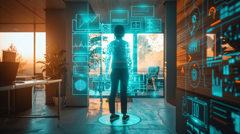 AI's vision of a futuristic office with large windows and floating digital visuals tthroughout the office. A casually dressed girl from the back, calmly standing in the middle of it all.