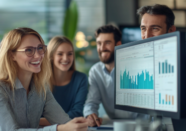 Four happy people sitting at a computer in an office