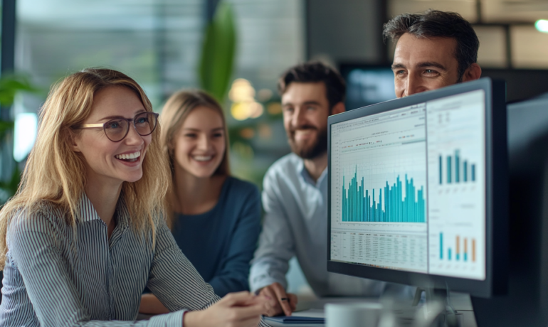 Four happy people sitting at a computer in an office
